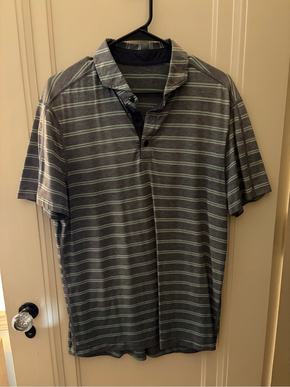 Lulu Lemon Men's Striped Polo Shirt - Gray with Light Green Stripes